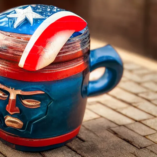 Prompt: a closeup photorealistic photograph of a glossy captain america style tiki mug sitting at an outdoor trader vic's bar featuring captain america's face. tiki theme. bright scene. fine detail. this 4 k hd image is trending on artstation, featured on behance, well - rendered, extra crisp, features intricate detail, epic composition and the style of unreal engine.