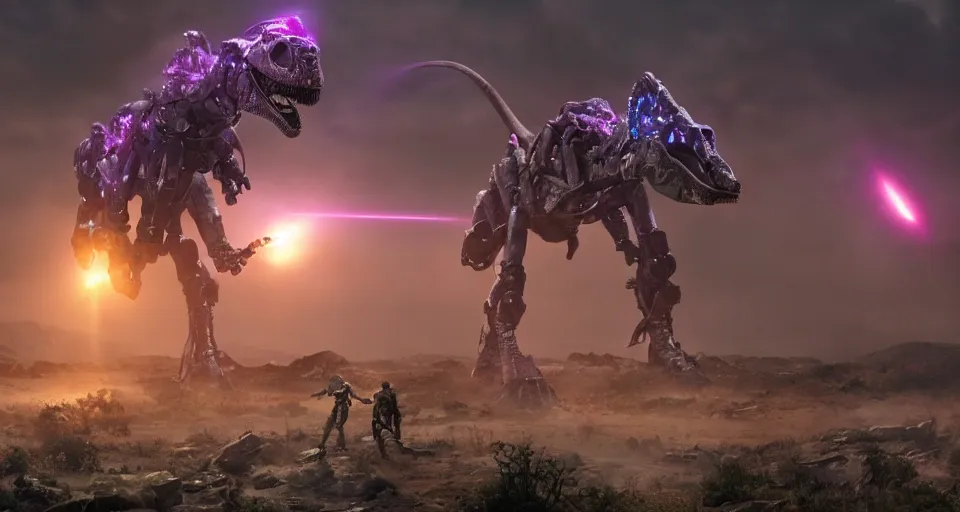 Image similar to movie still of dinosaur mecha robots, atmospheric, purple lasers, beautiful, directed by neil blomkamp, soft lighting, cinematic lighting, film grain, very high detail, dramatic composition,