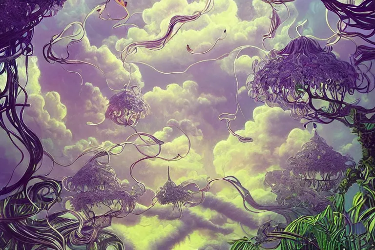 Prompt: a huge flock of many smooth puffy filigreed clouds tangled into whirling ultra detailed crystal specimens, art nouveau jungle environment, playful, award winning art, epic dreamlike fantasy landscape, ultra realistic,