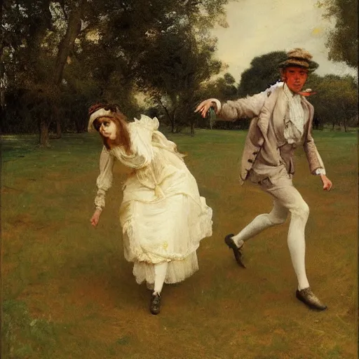 Prompt: young victorian man and woman traversing a maze, painted by alfred stevens