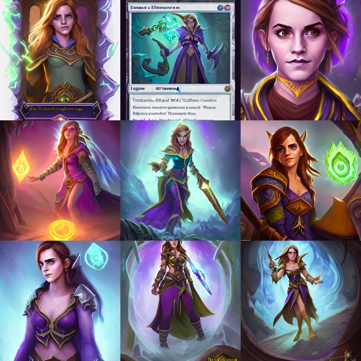 Prompt: Emma Watson as a Warcraft night elf wizard, Hearthstone key art, Blizzard concept art by Dave Greco