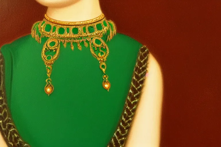 Image similar to highly detailed oil painting, front view, ornate, delicate, brilliant magical emerald choker, necklace on display, octane render, realistic, dramatic light,