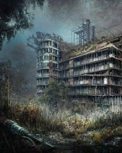 Prompt: a beautiful detailed render of abandoned nature industrial architecture urbex unfinished building architecture multi - family building by frederick mccubbin, cgsociety extraterrestial cosmic junglepunk poppy otherworldly fog biopunk assassin's creed, archdaily, wallpaper, highly detailed, trending on artstation.