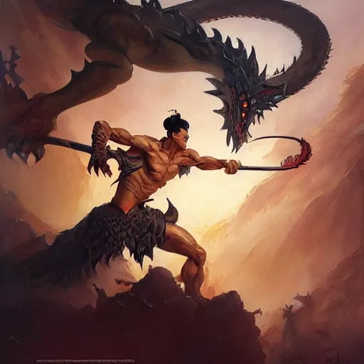 Image similar to A beautiful oil painting of Nezha fighting a Chinese dragon, by Frank Frazetta, Greg Rutkowski, Boris Vallejo, epic fantasy character art, high fantasy, Exquisite detail, post-processing, low angle, masterpiece, cinematic