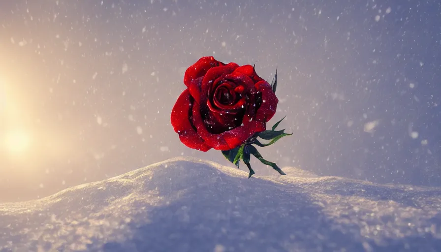 Prompt: red rose in the snow, sunlight, volumetric light, hyperdetailed, artstation, cgsociety, 8 k