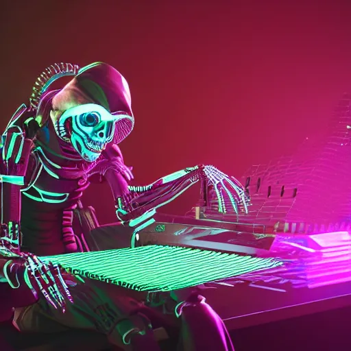 Image similar to cyberpunk skeleton band playing synthesizer, honeycomb structure, smokey lights, lasers, highly detailed, realistic, technology and magic,