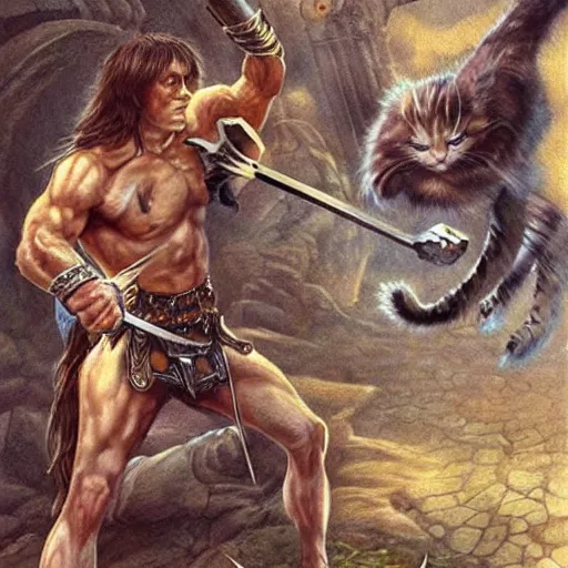 Image similar to highly detailed fantasy art of a weak and skinny conan the barbarian fighting a malnourished kitten