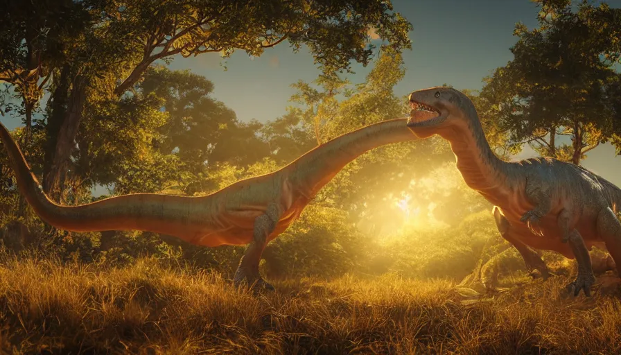 Image similar to hyper realistic highly detailed nature photography of a dinosaur, prehistoric planet, volumetric lighting, octane render, 4 k resolution, golden hour