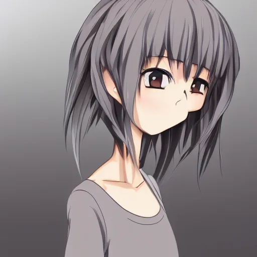 Image similar to girl in anime style with short grey hair wearing a potato sack dress