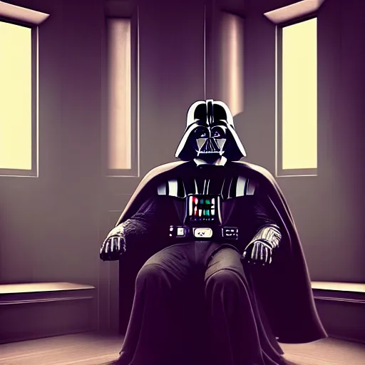 Image similar to darth vader sitting in a chair in his living room with sunlight pouring in through a window, portrait, fantasy, beautiful face, vivid colors, elegant, concept art, sharp focus, digital art, hyper - realistic, 4 k, unreal engine, highly detailed, hd, dramatic lighting by brom, trending on artstation