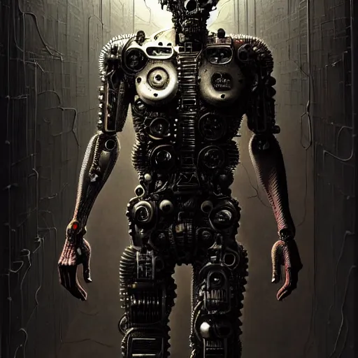 Image similar to ultra realist intricate detailed horror portrait of a single rugged cyborg male, cyborg tech on body and legs, accurate features, cyberpunk, industrial, apocalyptic, very intricate details, focus, high resolution, 8 k resolution, dramatic lighting, artstyle alex ries and zdzisław beksinski, award winning