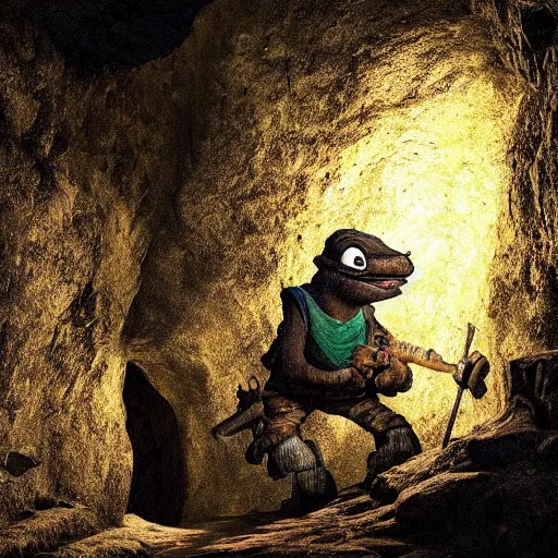 Image similar to pepe the miner in a dark cave, realistic, detailed, photography, artstation, dramatic light