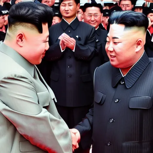 Prompt: lil uzi vert shaking hands with Kim jong un. Picture taken to show them in front of an explosion