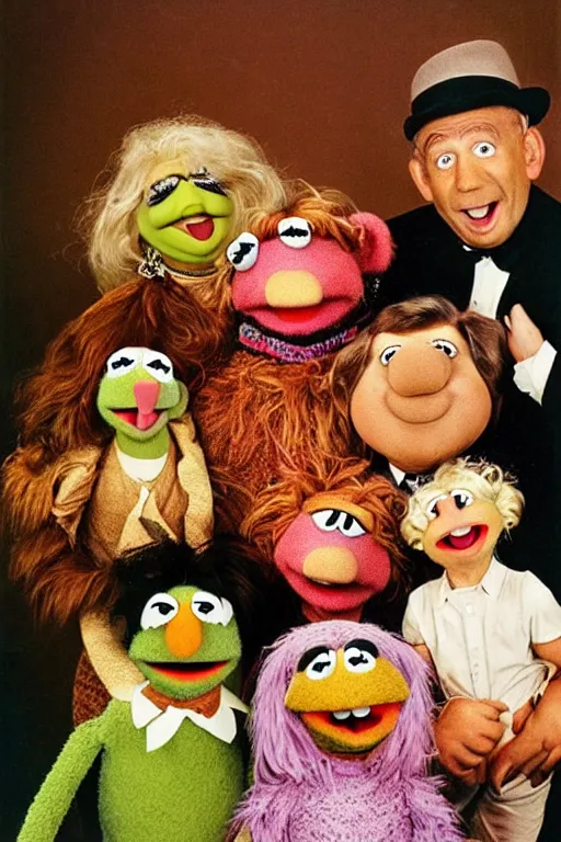 Prompt: muppet family photo, 1 9 6 0 s, olan mills studio, creepy, scary, laughing, color, grotty, ugly, terrified, brian froud