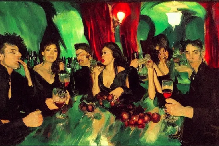 Prompt: glam rockers drinking brutal and raw wine, inside a green cave with red lights by joaquin sorolla, phil hale, extremely detailed, greek style