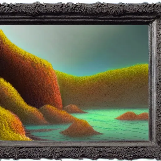 Prompt: artistic digital artwork of a lush natural scene on an alien planet. beautiful landscape by lurid ( 2 0 2 2 ), michael whelan, remedios varo, gerardo dottori. weird vegetation. cliffs and water. grainy and rough. interesting pastel colour palette. beautiful light. oil and water colour based on high quality render.