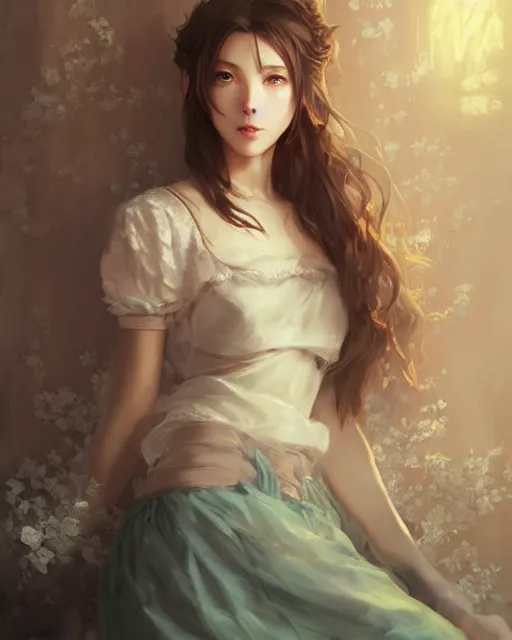 Image similar to aerith gainsborough in lace skirt, portrait, illustration, rim light, top light, perfectly shaded, soft painting, art by krenz cushart and wenjun lin