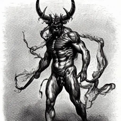 Image similar to full body grayscale drawing by Gustave Dore of muscled horned humanoid beast in heroic pose, swirling flames in background