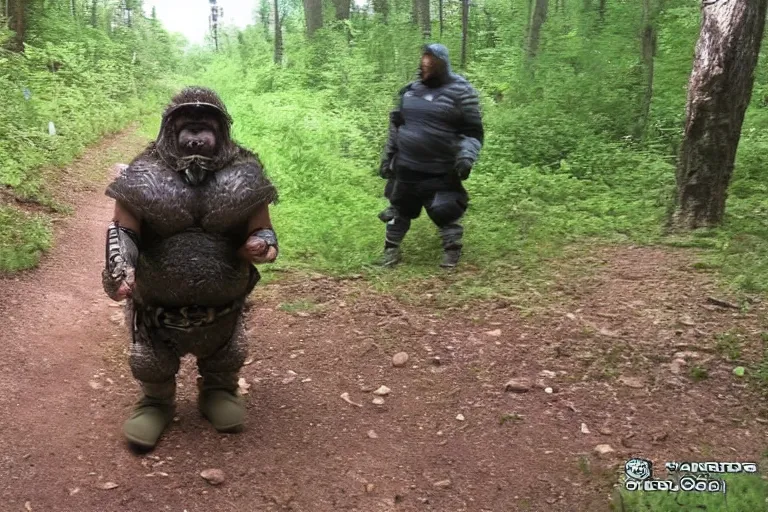 Prompt: 600 pound armored dwarf caught on trail cam