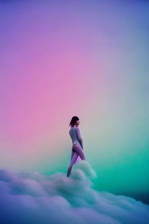 Image similar to high quality pastel coloured film close up wide angle photograph of a model wearing clothing swimming on cloud furniture in a icelandic black rock!! environment in a partially haze filled dreamstate world. three point light, rainbow. photographic production. art directed. pastel colours. volumetric clouds. pastel gradient overlay. waves glitch artefacts. extreme facial clarity. 8 k. filmic.