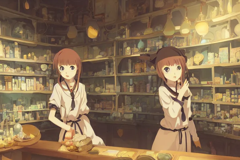 Prompt: anime visual, portrait of a young female traveler in a alchemist's shop interior, cute face by yoh yoshinari, katsura masakazu, studio lighting, dynamic pose, dynamic perspective, strong silhouette, anime cels, ilya kuvshinov, cel shaded, crisp and sharp, rounded eyes, moody, ( ( cool colors ) )