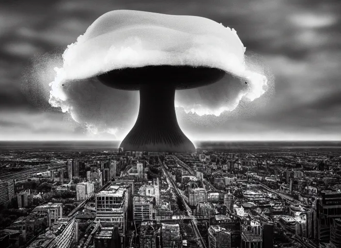 Prompt: nuclear mushroom cloud in the city . Horror dystopia style. Highly detailed 8k. Intricate. Nikon d850 300mm. Award winning photography.