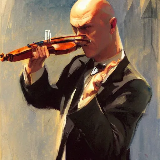 Image similar to agent 4 7 from hitman playing a violin, by gregory manchess, james gurney, james jean