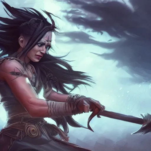 Image similar to a strong pirate woman in a sleeveless vest, angry, black lines running up her arms, grieving, storm in the background, long dark hair, wielding a shadowy axe, character art, full body art, Dungeons and Dragons, D&D, trending on artstation, artgerm, 4k ultra hd, sharp focus, digital art by Ilya Kuvshinov and Ross Tran,