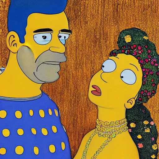 Image similar to “Homer and Marge Simpson from TV series The Simpsons are kissing. Painting by Gustav Klimt , Oil and gold leaf on canvas. Golden period. National Art Gallery. Marge Simpson with her signature blue beehive hairstyle.”