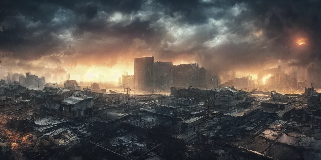 Image similar to wall of water going through city, apocalyptic, end of the world, high detail, dramatic lighting, volumetric, artstation, behance, postapocalyptic world, exploding homes