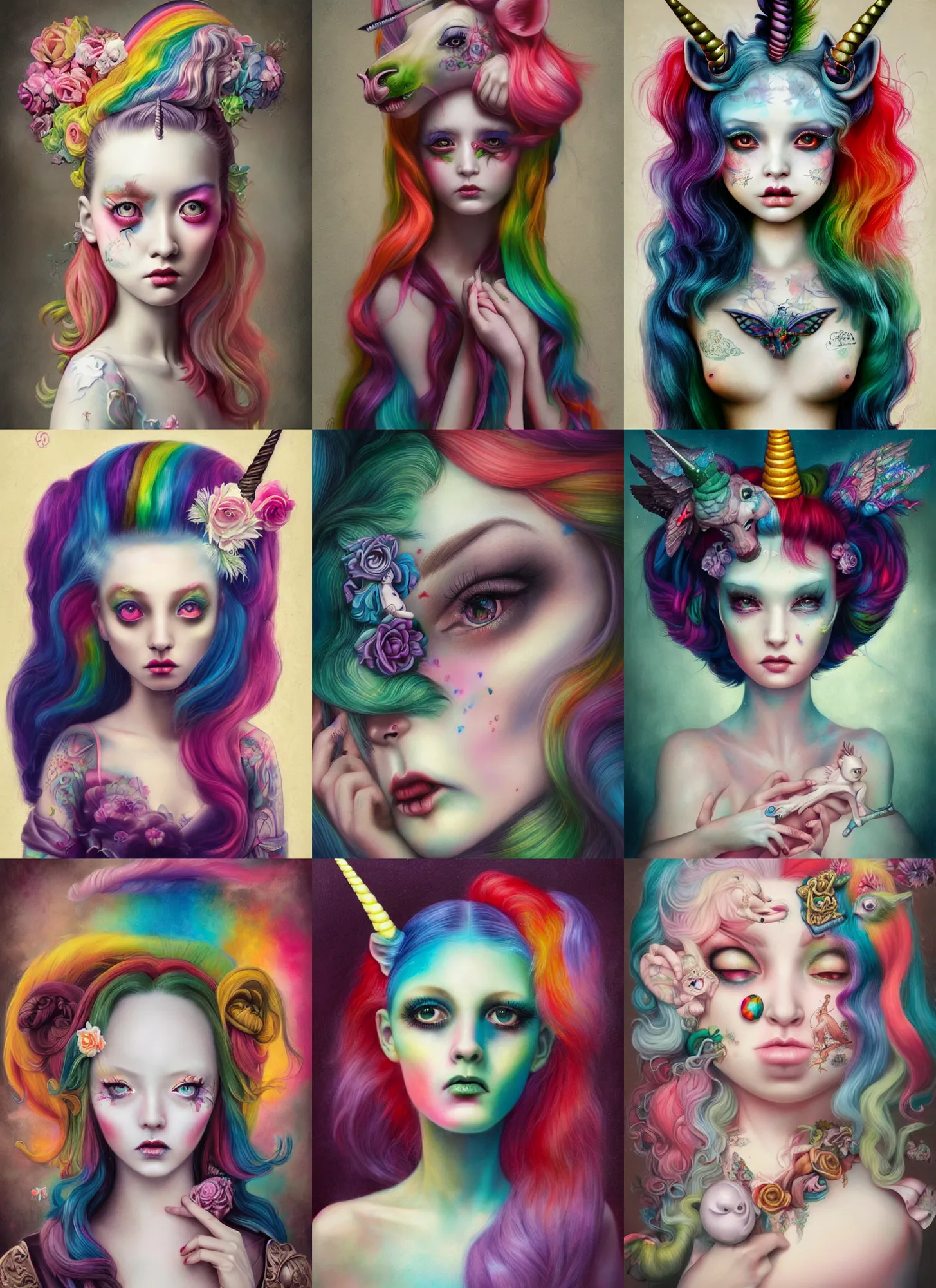 Prompt: pop surrealism, lowbrow art, realistic rainbow unicorn painting, japanese street fashion, hyper realism, muted colours, rococo, natalie shau, loreta lux, tom bagshaw, mark ryden, trevor brown style,