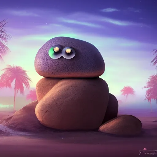 Image similar to A rock with googly eyes, the rock is chilling on the beach, palm trees swaying in the wind, the moon rising on the horizon, stars glistening in the night, hyperdetailed, artstation, cgsociety, 8k