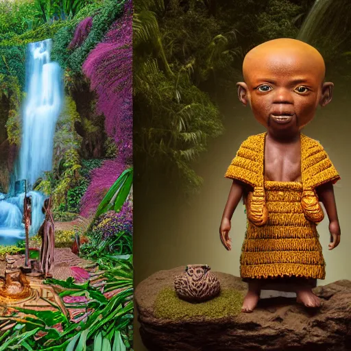 Image similar to wide angle dynamic portrait of a chibbi dogon priest in an african zen garden with a waterfall! and a golden ornate steampunk portal, amigurumi by mark ryden and todd schorr and mark davis and zdislaw beksinski in a surreal lowbrow style, digital paint, matte paint, vivid synthwave colors, breathtaking landscape