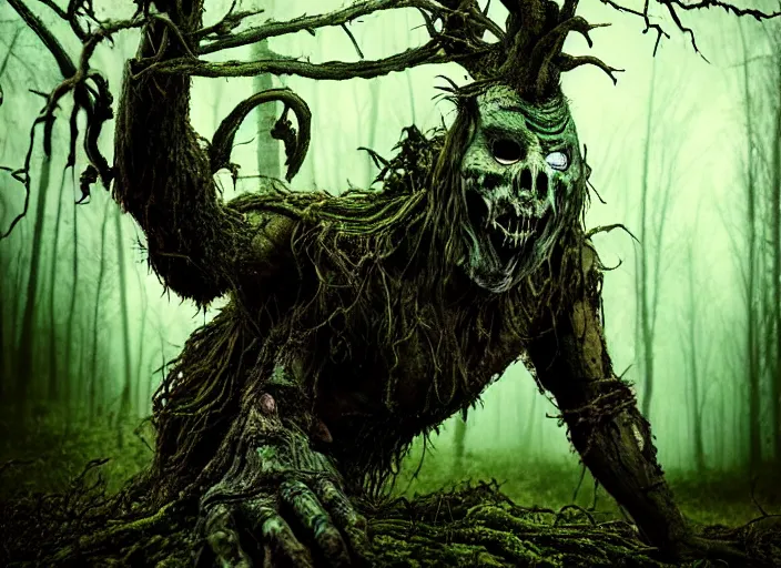 Image similar to an incredibly scary and very very unique monster creature of evil nature with animal, human and tree like characteristics, ancient folk legend in the forest, extremely creative and detailed, gloomy colors, 1 8 mm lens, digital medium format photography