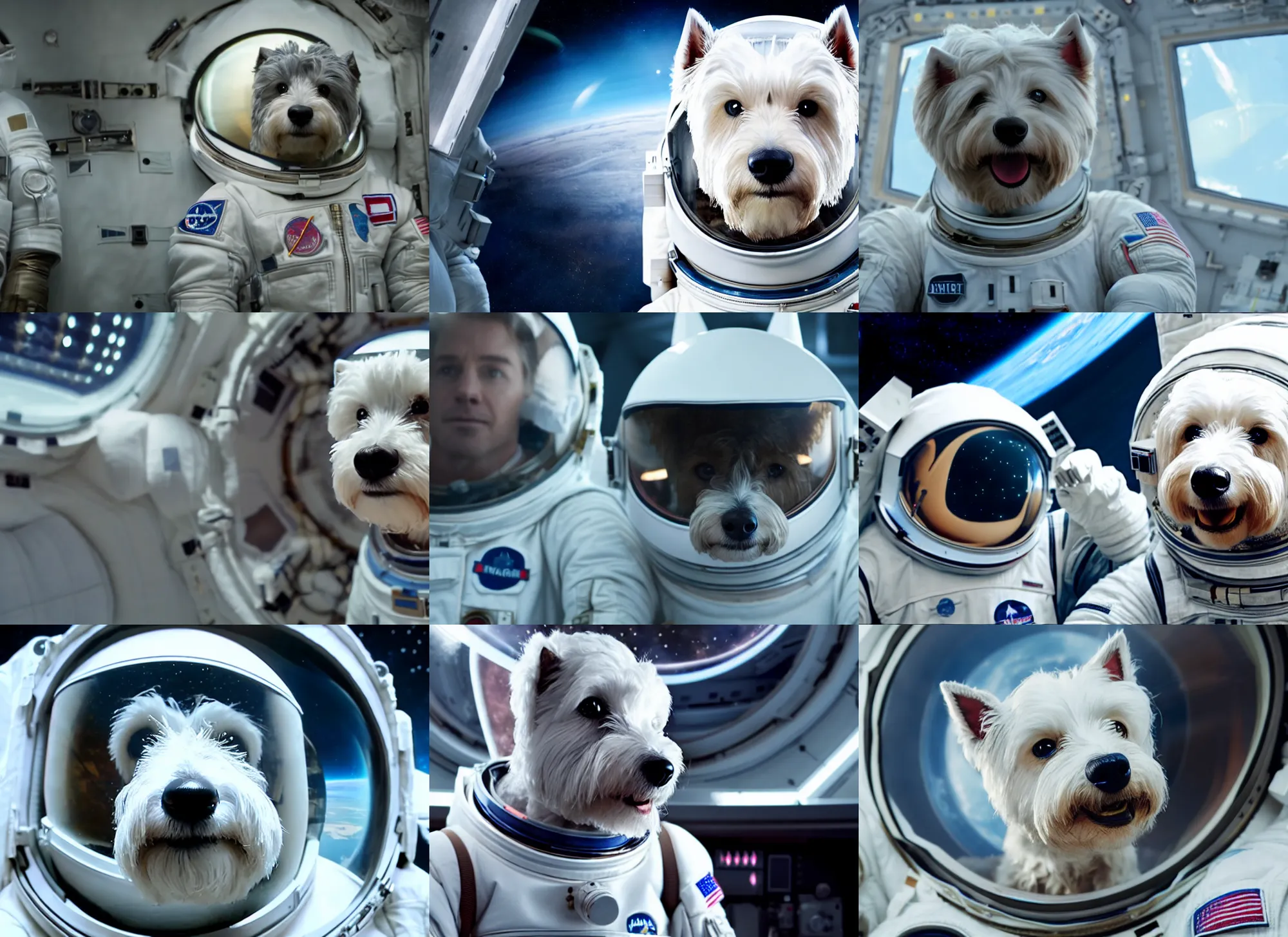 Prompt: film still of anthropomorphic anthropomorphic westie as astronaut in interstellar, 4 k