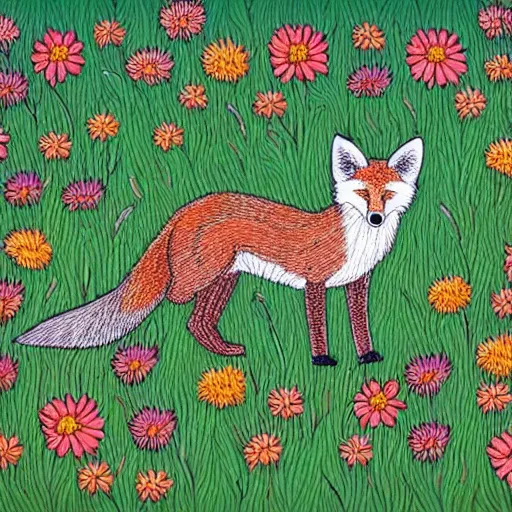 Prompt: an intricate line drawing of a fox in a meadow, very detailed, tons of flowers, 4 k