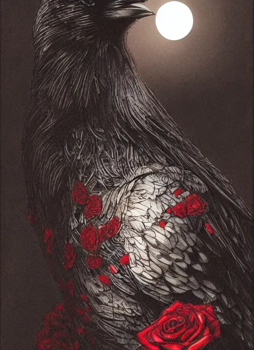 Image similar to portrait, A crow with red eyes in front of the full big moon, book cover, red roses, red white black colors, establishing shot, extremly high detail, foto realistic, cinematic lighting, pen and ink, intricate line drawings, by Yoshitaka Amano, Ruan Jia, Kentaro Miura, Artgerm, post processed, concept art, artstation, matte painting, style by eddie mendoza, raphael lacoste, alex ross