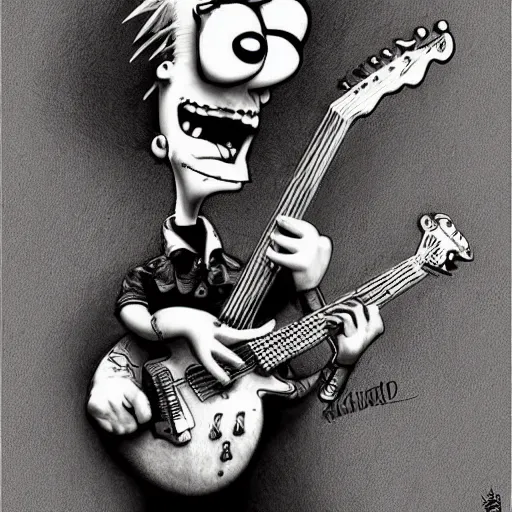 Image similar to surrealism grunge cartoon portrait sketch of bart simpson with a wide smile and a guitar by - michael karcz, loony toons style, the conjuring style, detailed, intricate