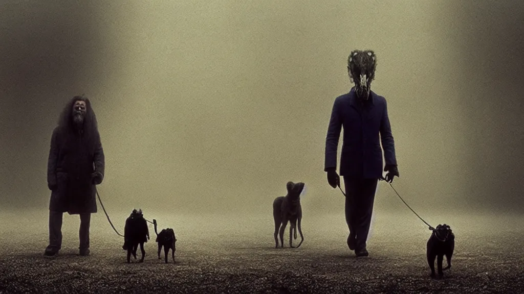 Image similar to the strange creature helps us walk the dog, film still from the movie directed by denis villeneuve and david cronenberg with art direction by salvador dali and zdzisław beksinski