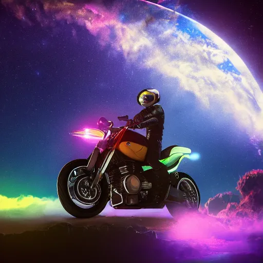 Prompt: high detail photo of a motorcycle floating in space inside magic colorful glowing sparkling fog, starry sky, tranquil, desolate, atmospheric, hazy, autochrome, 8k, reflections, octane render, unreal engine 5