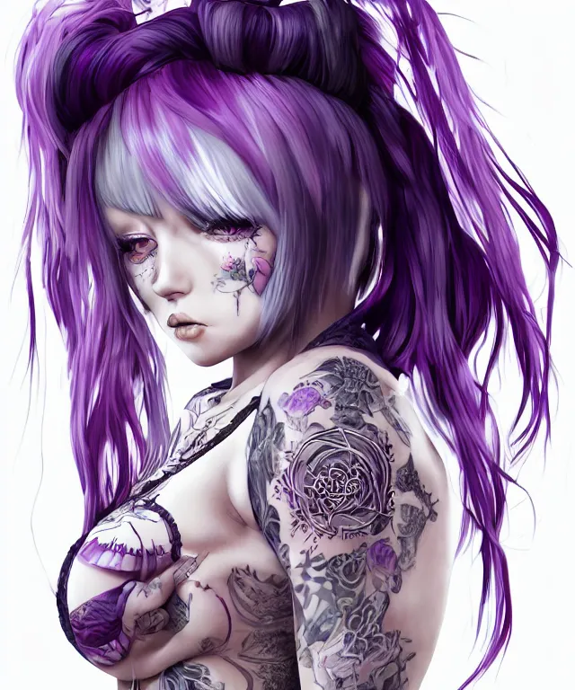 Image similar to kerli koiv anime goth girl with tattoos purple hair in mini skirt and crop top intricate, full body, extremely detailed, artstation, 8 k, sensual lighting, incredible art, wlop, artgerm