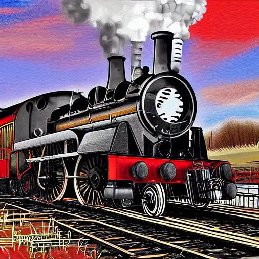 Image similar to Highly detailed steam engine train on a sea of rails, digital painting