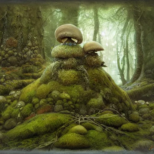 Image similar to moss - clad troll stone, mushrooms, mysterious forest, epic, fantasy, intricate, hyper detailed, artstation, concept art, smooth, painting by john bauer