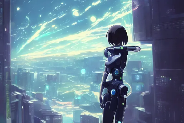 Prompt: makoto shinkai. robotic android girl. futuristic cyberpunk. dystopia. vibrant nebula sky.................. robotic wired arm