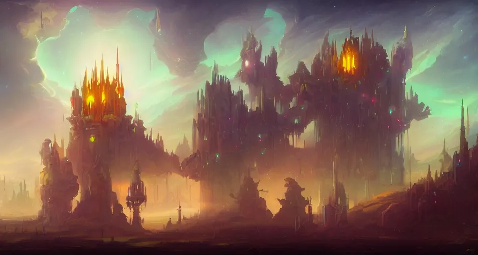 Image similar to space castle by peter mohrbacher, vivid colors, matte painting, 8K, concept art, mystical color scheme, trending on artstation