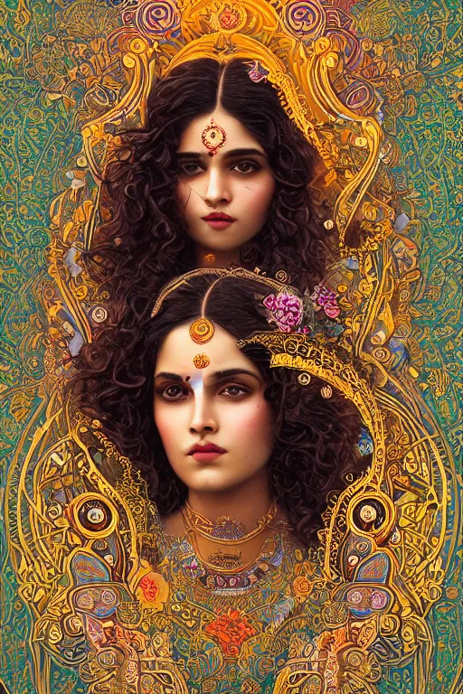 Prompt: a stunning ultradetailed illustration of an indian woman with epic wavy hair surrounded by paisleys and art nouveau floral patterns, by vania zouravilov and tom bagshaw, deep depth of field, studio lighting, golden ratio composition, 3 5 mm lens, very detailed, 8 k, artstation