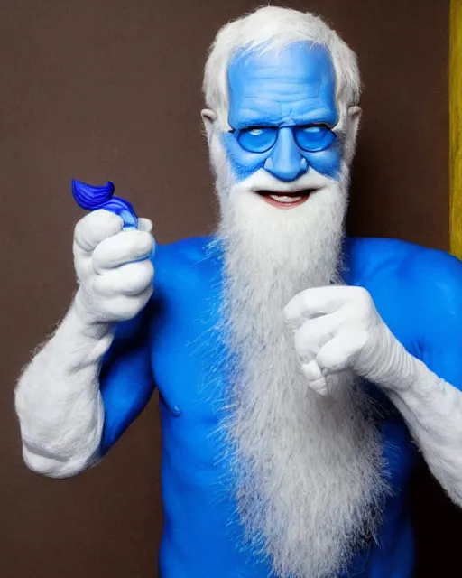 Prompt: David Letterman as Pappa Smurf in Elaborate Rick Baker Makeup Prosthetics for live action remake of The Smurfs, Studio Lighting, Highly detailed, Trending on Artstation, Studio Lighting Photographed in the Style of Annie Leibovitz