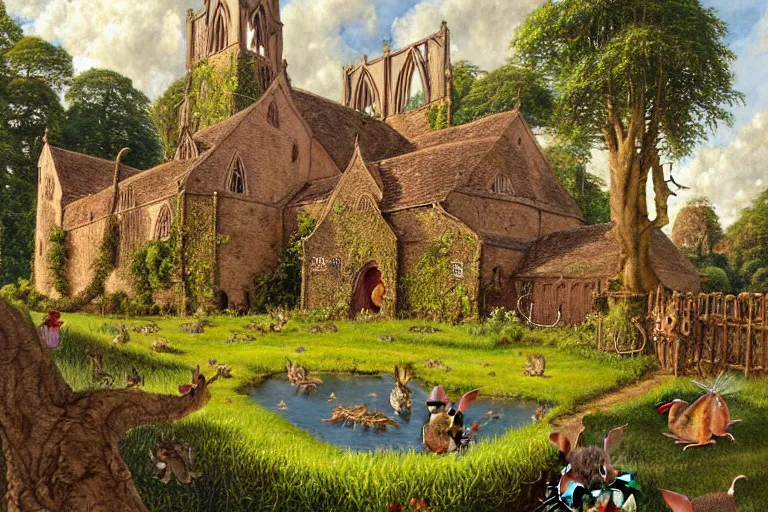 Prompt: an elaborate and dense painting of redwall abbey in mossflower wood with lots of mice and rabbits and otters walking around, detailed by brian jacques and greg rutowski