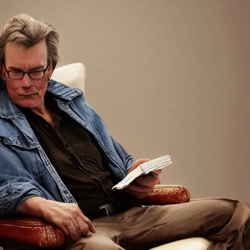 Image similar to a man sitting in a recliner reading the gunslinger by stephen king