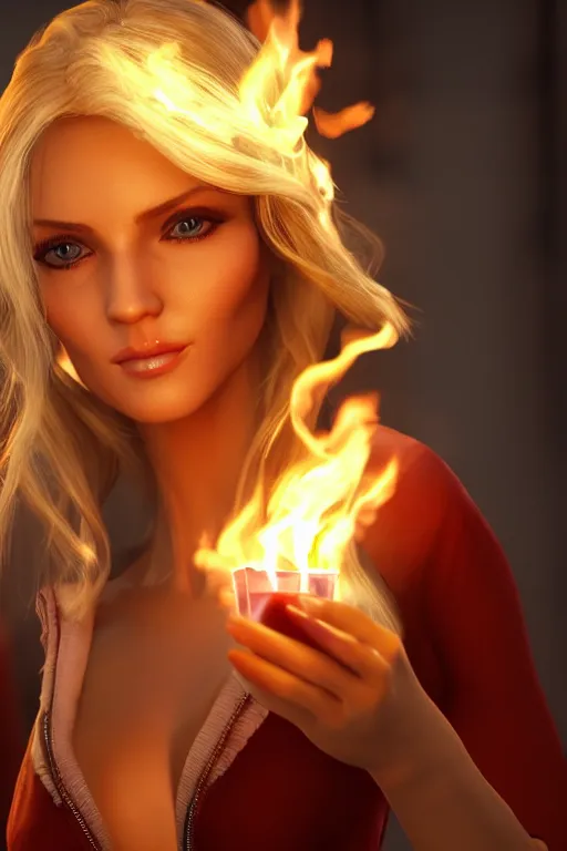 Prompt: gorgeous blonde woman with fire in her hand, russia, realistic, high definition, many details, art of unreal engine 5